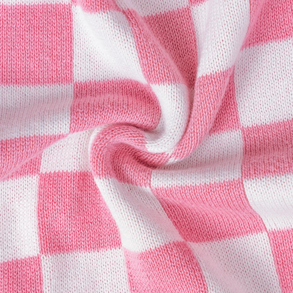 Pink Checker Knit Long Sleeve Crewneck Sweater